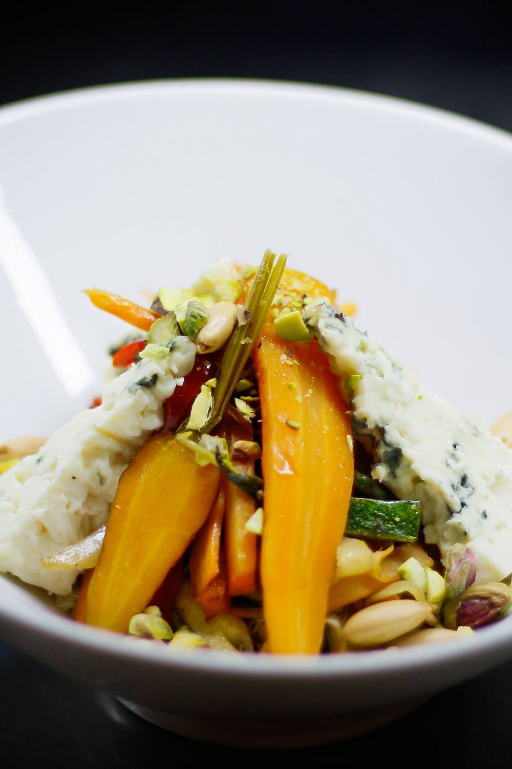 Garden carrots with blue cheese and pistachios