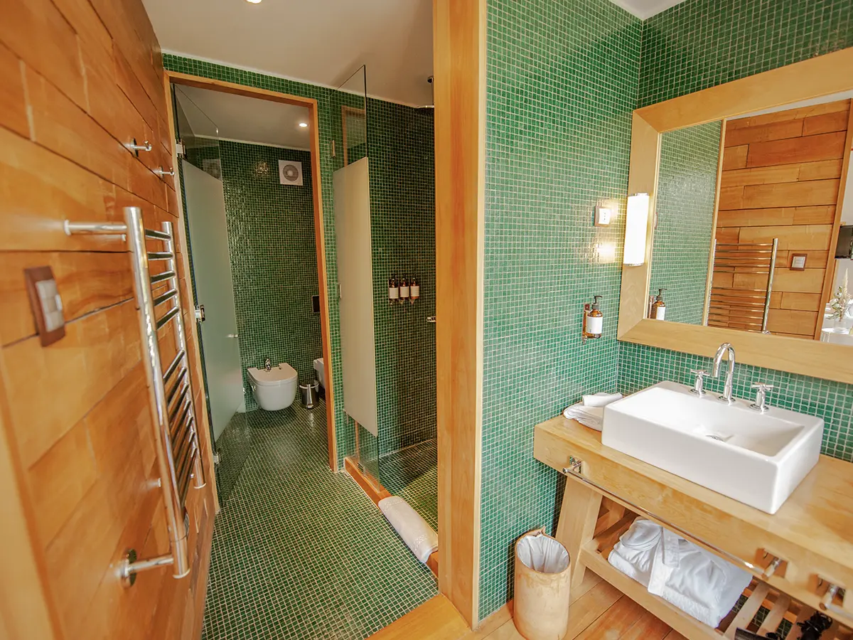 Premium Suite — ducha y lavamanos con mosaico verde