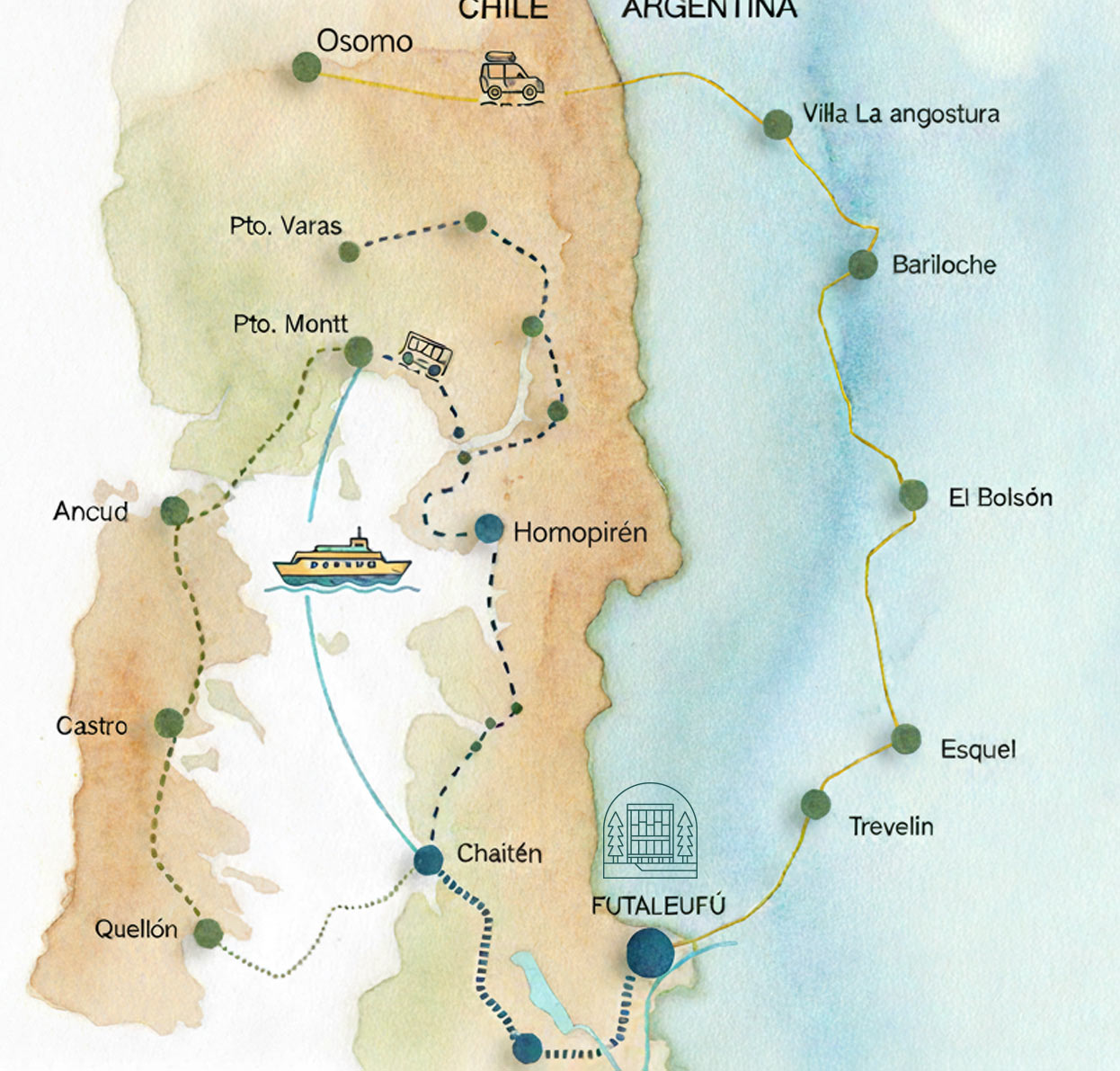 Mapa de la región mostrando las rutas a Futaleufú desde Chile (Puerto Montt, Chaitén) y Argentina (Bariloche, Esquel, Trevelin)